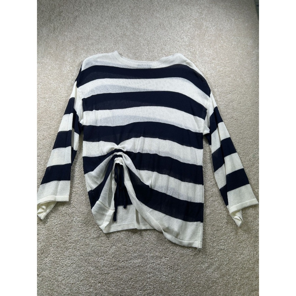 Suzanne Betro Womens L/XL Striped Knit Sweater With Adjustable Front Tie Coastal